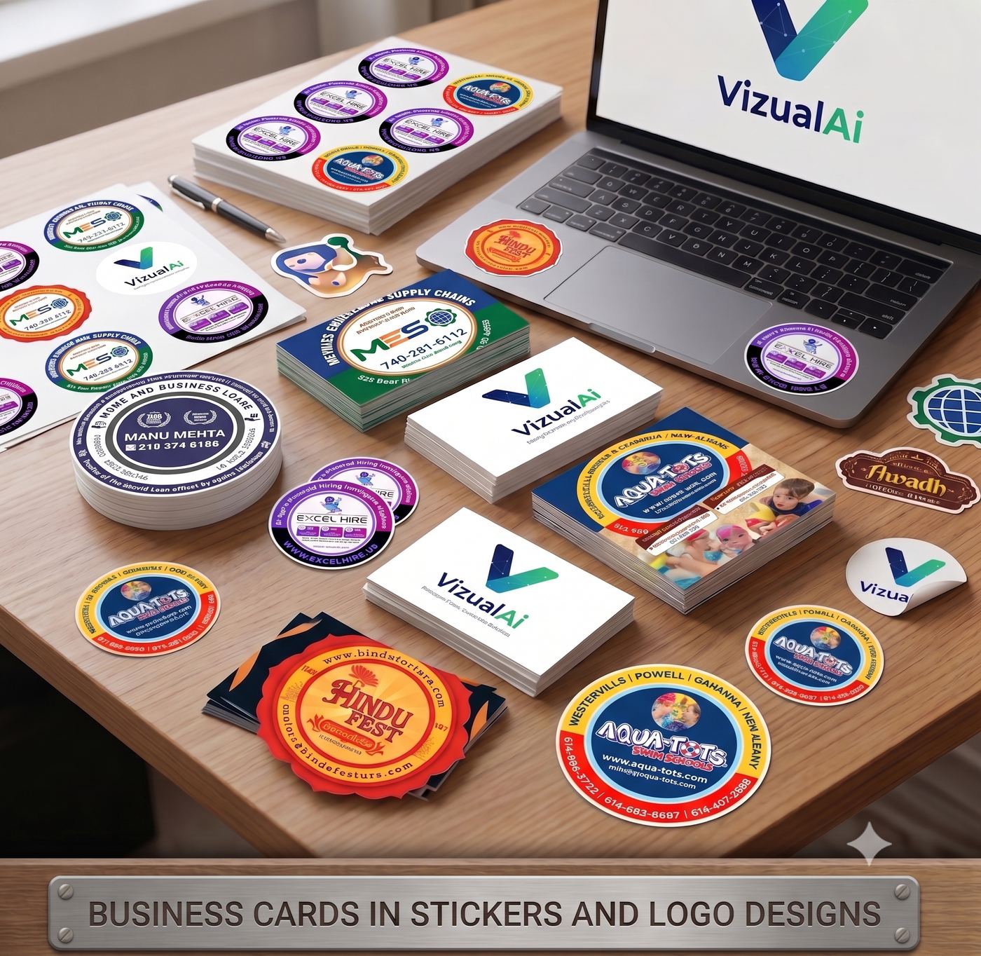 Die-cut stickers, business cards and logo prints
