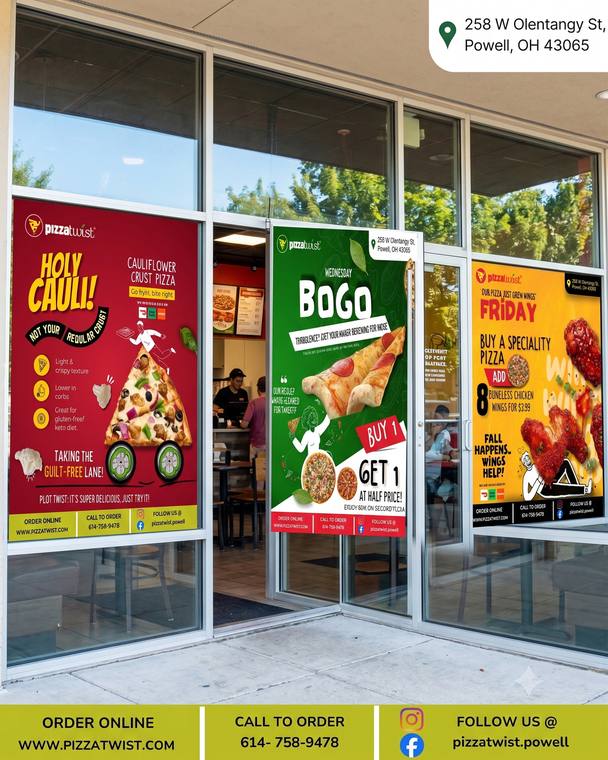 Window posters filling a restaurant storefront