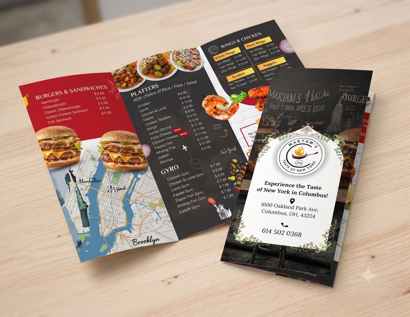 Printed trifold menus and brochures